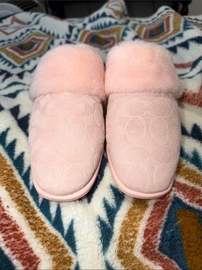 Coach Pink Plush Shearling Slide Slippers
